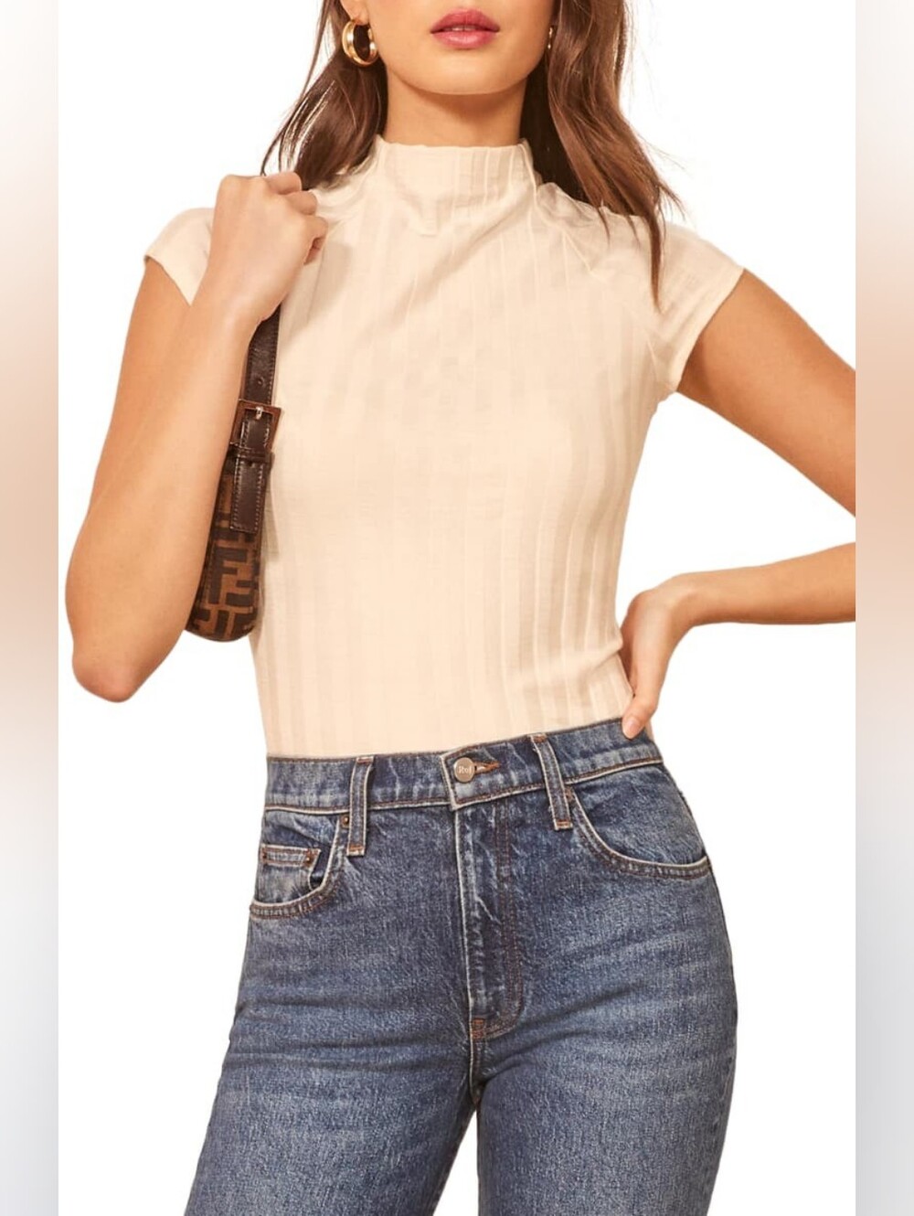 NWOT Reformation Giselle Cream White Mock Neck Ribbed Short Sleeve Top Size S